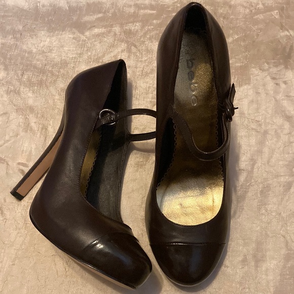 bebe Shoes - Bebe Brown Leather Mary Jane Heels